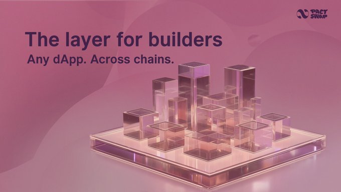 The image features a pink background with a square arrangement of glass cubes, each one unique in size and shape. The text "The layer for builders" is displayed above the cubes, while the phrase "Any dApp. Across chains." is below them. This suggests that the cubes are part of an innovative project or application designed to facilitate the creation and management of digital assets using a layered approach. The post emphasizes the importance of native composability across all dApps for their success in the rapidly growing world of blockchain technology, as indicated by the reference to Uniswap's impressive deployment capabilities.