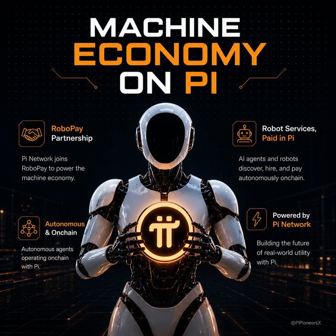 A promotional graphic titled 'MACHINE ECONOMY ON PI' featuring a white humanoid robot holding a glowing Pi logo, highlighting features like the RoboPay Partnership, Autonomous & Onchain operations, Robot Services Paid in Pi, and Powered by Pi Network, credited to @PiPioneersX.