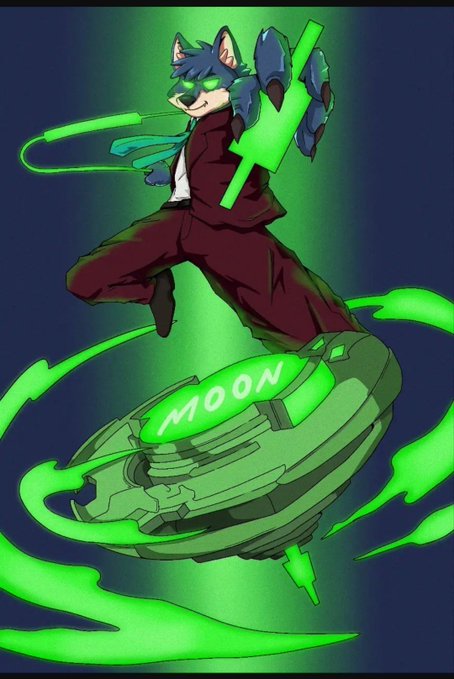 A stylized illustration of an anthropomorphic cat character in a red suit holding glowing green energy, standing on a flying green disc labeled "MOON."