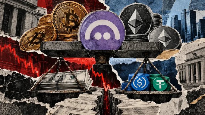 A collage-style illustration shows a balance scale weighing gold Bitcoin coins and silver Ethereum coins against US dollars and stablecoins, with red stock market charts in the background.