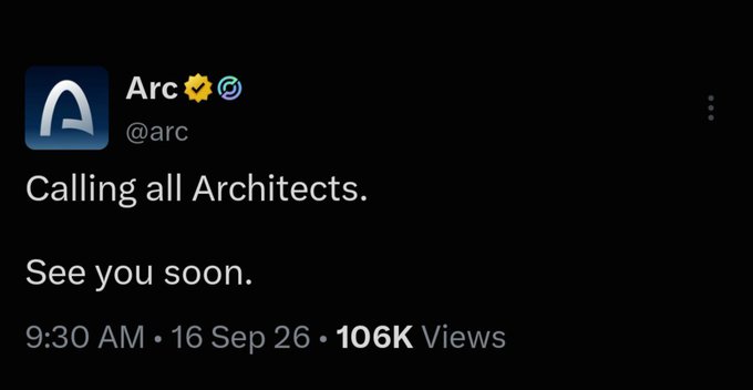 Tweet from Arc (@arc) reading 'Calling all Architects. See you soon.' with 106K views.