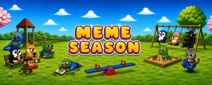 A playful banner with the bold text "MEME SEASON" in yellow and orange pops amid a cartoon park scene filled with meme characters—including Shiba Inu dogs, Pepe the Frog, and other iconic figures—playing on playground equipment and enjoying the sandbox. The whimsical, meme-filled imagery captures the post's celebration of meme culture as a vibrant, ever-evolving phenomenon where anything can become legendary overnight.