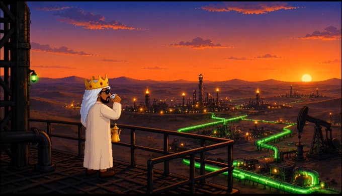 Digital artwork showing a crowned figure in white robes looking through binoculars at an oil field/gas pipeline industrial complex at sunset.