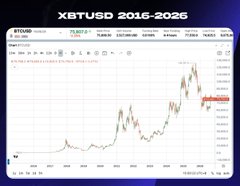 The image shows a candlestick chart titled "XBTUSD 2016-2026," displaying Bitcoin's price action over a decade, with a recent consolidation phase visible on the right side around the $65,000-$70,000 range. The poster laments missing out on Mexican trades (likely a misspelling of "Mexc" or referring to a specific exchange), suggesting the chart represents the massive gains in Bitcoin that built their trading success.
