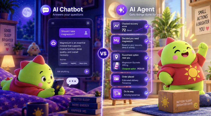 An illustrated infographic compares 'AI Chatbot' versus 'AI Agent', showing a green dinosaur character answering questions about magnesium on the left and completing tasks on the right.