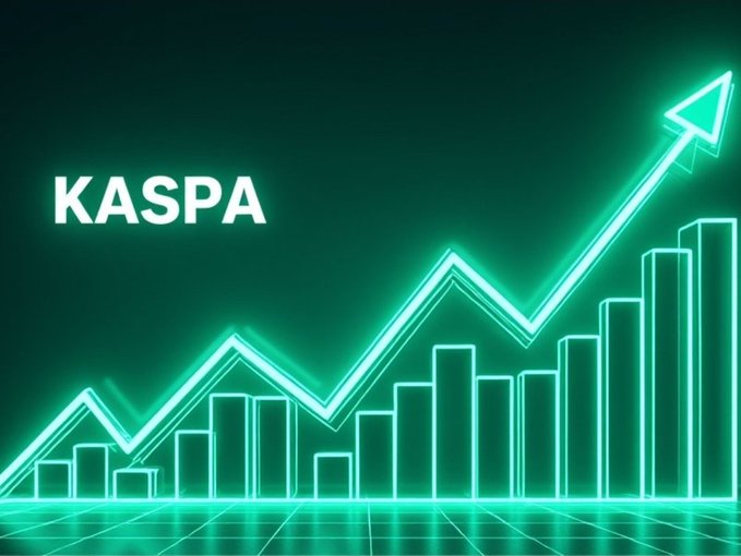 The image features a green graph with the word "KASPA" written above it. The graph has bars of varying heights representing different values, creating an upward-pointing arrow that points towards the top left corner of the image. The text in the image reads "GM $KAS Fam The single most IMPORTANT piece of news just dropped: GM $KAS FAM The floor is next. We did not come this far to quit at the 5 yard line." This message seems to be related to a recent development or event, possibly involving GM or KASPA companies.