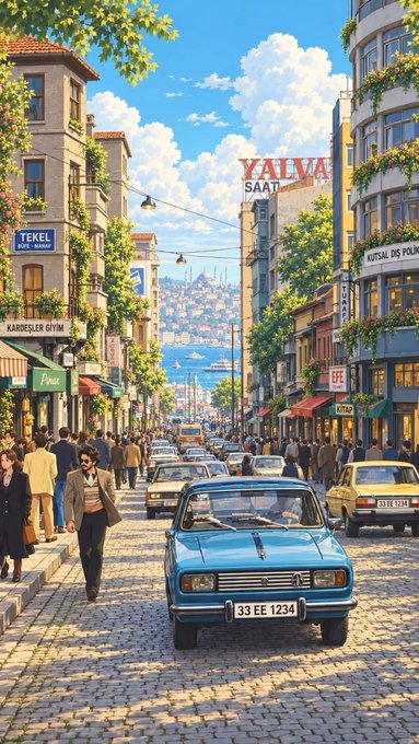A vibrant illustrated street scene in a Turkish city, featuring a blue vintage car with '33 EE 1234' plates, shops with signs like 'TEKEL' and 'KUTSAL OF POL', and a hillside cityscape in the background.