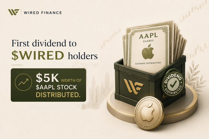 A promotional graphic for 'WIRED FINANCE' announces a 'First dividend to $WIRED holders' distributing '$5K WORTH OF $AAPL STOCK', featuring a decorative box of Apple stock certificates.