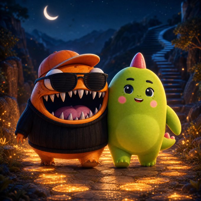 A digital illustration of two cartoon monster characters standing on a glowing cobblestone path at night under a crescent moon; the left one is orange with a cap and sunglasses showing sharp teeth, while the right one is a green dinosaur-like creature.