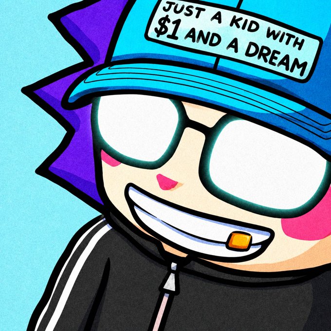 A colorful cartoon/illustration of a character wearing a blue cap with the text 'JUST A KID WITH $1 AND A DREAM,' large white-rimmed sunglasses, pink blush marks, and a black Adidas-style track jacket.