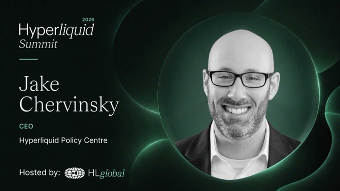 A promotional graphic for the 2026 Hyperliquid Summit features a black-and-white headshot of Jake Chervinsky, CEO of the Hyperliquid Policy Centre, set against a dark background with green circular accents. The event, hosted by HLglobal, is taking place July 16 in NYC, and the post confirms Chervinsky's role as a prominent voice in US crypto policy.