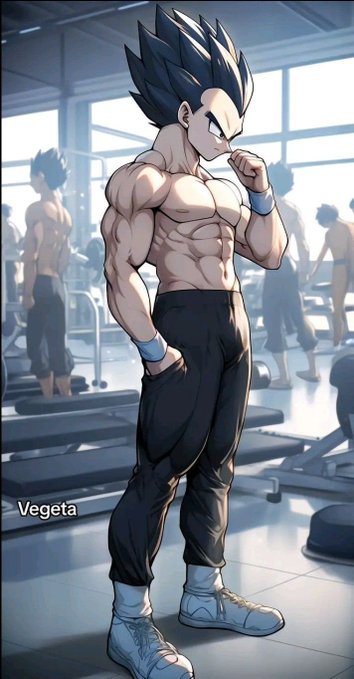 An anime-style illustration shows the muscular figure of Vegeta from Dragon Ball, shirtless with spiky black hair, wearing dark pants and white boots, standing in a gym with the name "Vegeta" labeled at the bottom.