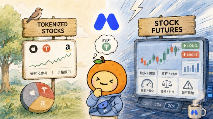 An illustrated graphic compares Tokenized Stocks (featuring C, Pi, and 'a' symbols with Chinese text about fractional participation and price gap arbitrage) versus Stock Futures (showing candlestick charts, long/short options, leverage, and high risk warnings), with a cartoon orange mascot thinking about USDT in the center.