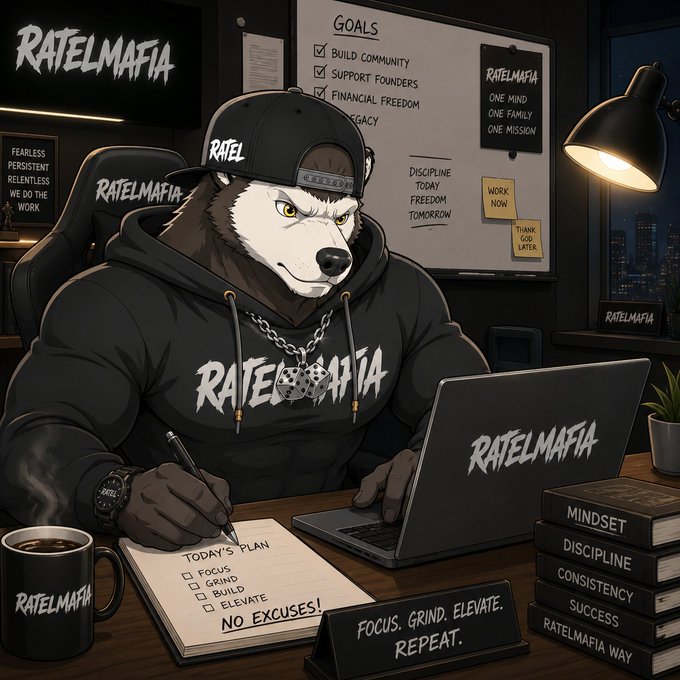 A stylized illustration of an anthropomorphic bear in a black cap and 'RATELMAFIA' hoodie working at a desk, surrounded by motivational text including 'TODAY'S PLAN', 'FOCUS GRIND ELEVATE NO EXCUSES!', and books labeled 'MINDSET', 'DISCIPLINE', 'CONSISTENCY', 'SUCCESS'.