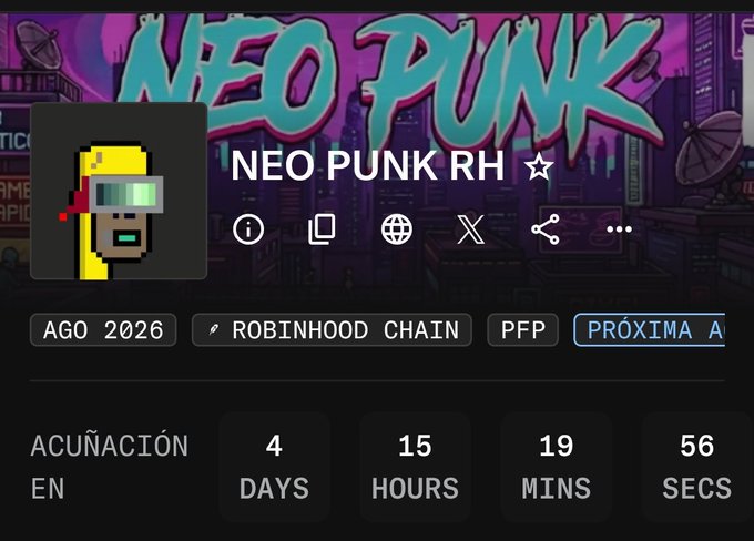 Promotional page for 'NEO PUNK RH' NFT project on Robinhood Chain, showing a pixelated character with 3D glasses and a countdown to launch in 4 days, 15 hours, 19 minutes, 56 seconds.