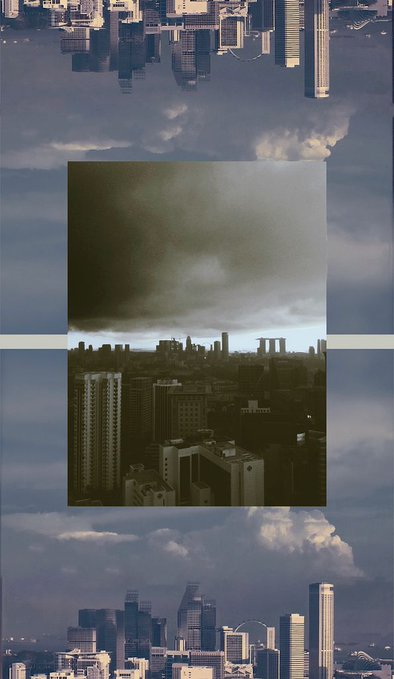 A vertically oriented artistic photo collage featuring a cityscape, clouds, and a central square showing a darker, moody view of urban skyscrapers under a stormy sky.