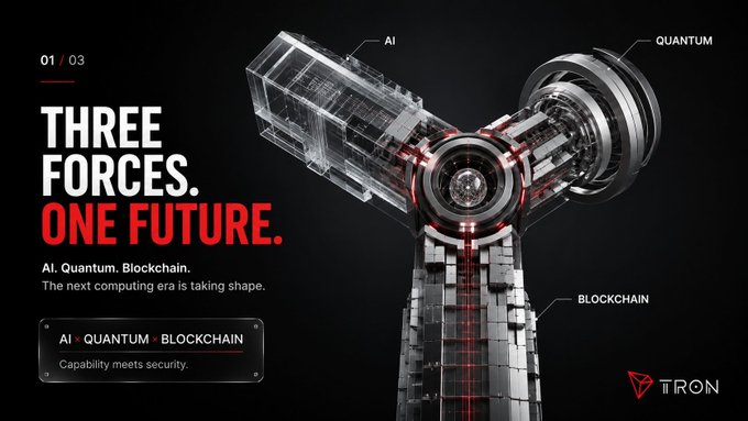 A promotional banner for TRON titled 'THREE FORCES. ONE FUTURE.' featuring 'AI · QUANTUM · BLOCKCHAIN' alongside a futuristic mechanical structure representing these technologies.