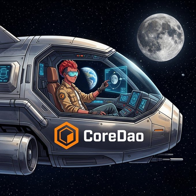 An illustrated astronaut with red hair and blue visor sits in a futuristic spacecraft cockpit pointing at a holographic display of the moon, with the 'CoreDao' logo prominently shown.