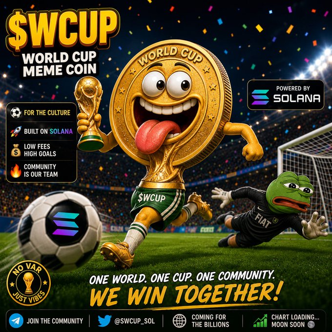 The image features a poster advertising the "Swcup World Cup Meme Coin" with a large, cartoon gold soccer ball as its mascot, accompanied by an image of a green frog kicking a soccer ball down the field. A text overlay on the poster reads "One world one cup! We win together!", emphasizing the coin's focus on unity and collaboration in the world of soccer.