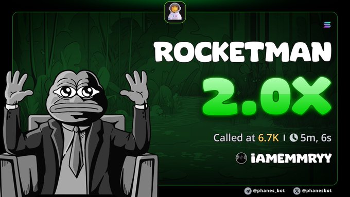 A Pepe the Frog meme in a suit advertises a 'ROCKETMAN 2.0X' token call by iAMEMMRYY, called at 6.7K with 5m 6s elapsed.