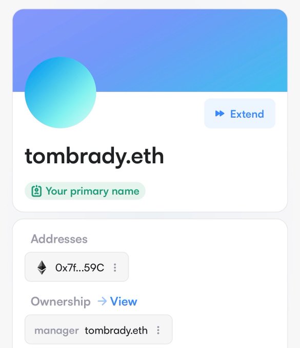 An ENS (Ethereum Name Service) profile screen for 'tombrady.eth' marked as 'Your primary name', showing an associated wallet address (0x7f...59C) and ownership details.