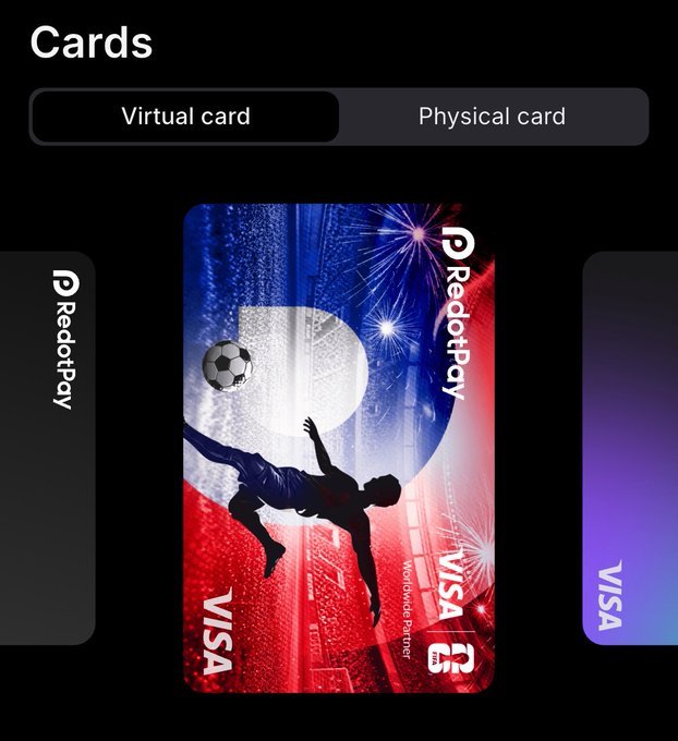 A RedotPay digital wallet interface displaying a virtual card option with a Visa card design featuring a soccer player silhouette.
