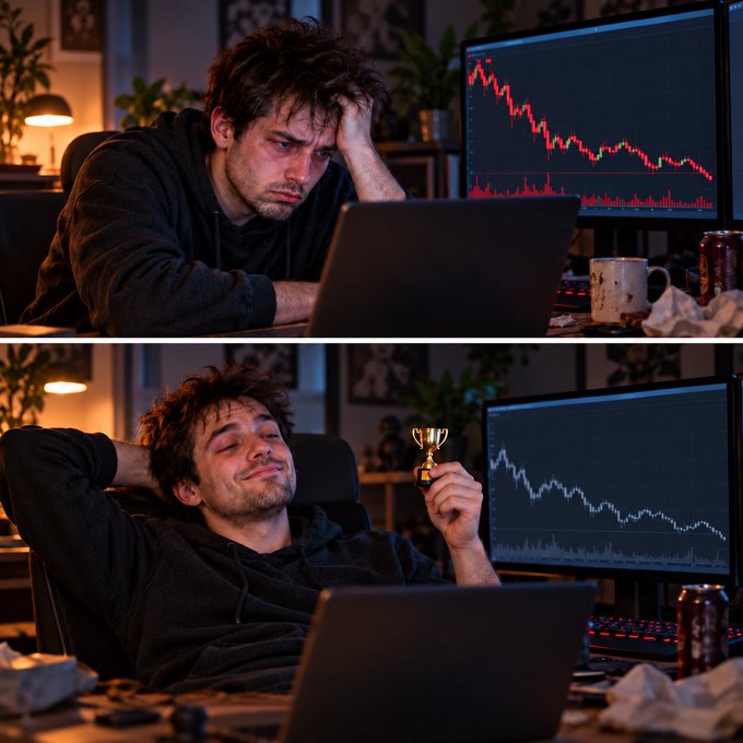 The image shows a split-screen of a man at his desk: in the top panel, he looks distressed with his head in his hand as a red downward-trending chart flashes on his monitor, while in the bottom panel, he smirks triumphantly while holding up a small trophy as the chart continues its decline. The before-and-after contrast humorously captures the crypto trader's mindset—celebrating a small win (avoiding a 10x pump after selling) despite his coin's overall poor performance, finding consolation in not being left behind by a massive rally.