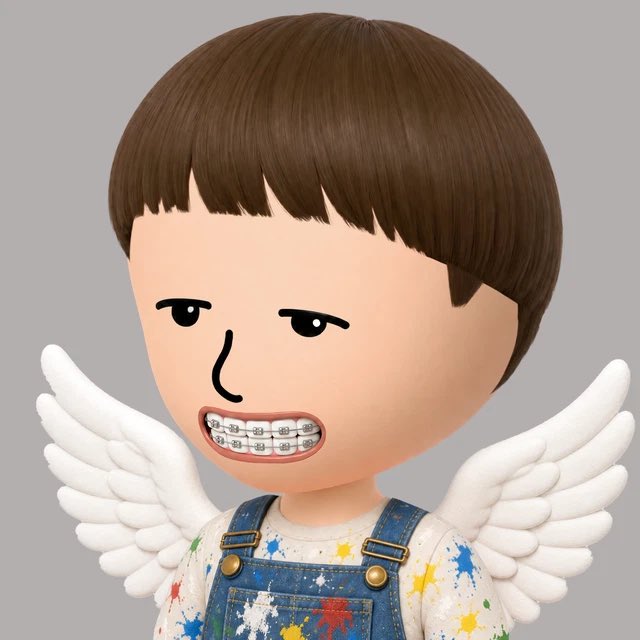 A 3D rendered character with brown bowl-cut hair, white angel wings, braces, and a neutral expression, wearing paint-splattered denim overalls.