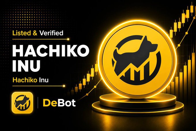 A promotional graphic featuring a glowing golden coin with a Shiba Inu dog silhouette and "M" logo, set against a candlestick chart background, with text announcing "HACHIKO INU - Listed & Verified" on DeBot, visually reinforcing the post's announcement of Hachiko Inu's verification and increased visibility on the DeBot platform.