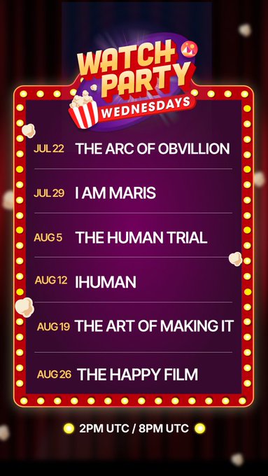 This graphic announces a "Watch Party Wednesdays" series featuring films like "The Arc of Obvillion" and "The Human Trial" from July 22nd to August 26th. The image showcases the schedule and titles of the upcoming films to be shown, aligning with the post's "new season" announcement.