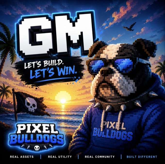 The image is a promotional graphic featuring a pixel-art bulldog wearing sunglasses and a blue "PIXEL BULLDOGS" hoodie, set against a sunset beach backdrop with a pirate skull flag, displaying bold text reading "GM - LET'S BUILD. LET'S WIN." and "PIXEL BULLDOGS" with the tagline "REAL ASSETS | REAL UTILITY | REAL COMMUNITY | BUILT DIFFERENT." 

This graphic visually reinforces the post's GM (Good Morning) call-to-action for the Pixel Bulldogs NFT project, encouraging followers to join the whitelist and become part of the "Pack."