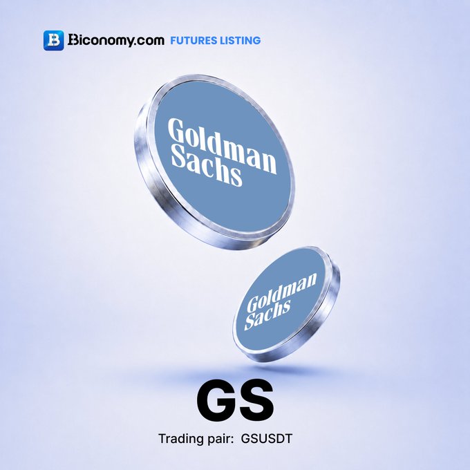 A promotional graphic from Biconomy.com announcing a futures listing for Goldman Sachs (GS), with the trading pair displayed as GSUSDT alongside floating 3D GS logos.
