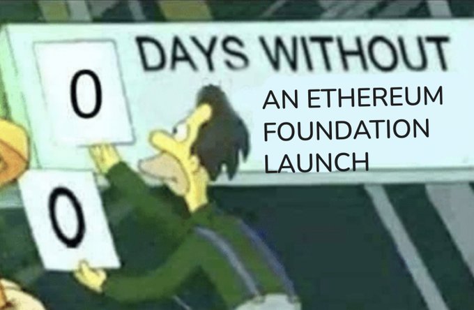 A Simpsons meme showing the 'Days Without' counter at zero, with text reading 'AN ETHEREUM FOUNDATION LAUNCH'.
