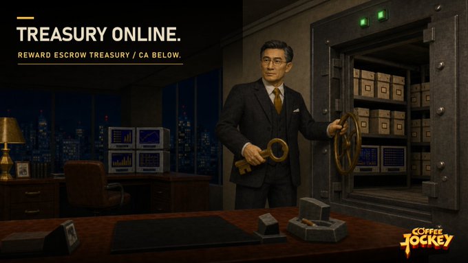 Video game promotional image titled 'TREASURY ONLINE' showing a man in a suit opening a vault door labeled 'REWARD ESCROW TREASURY / CA BELOW', with a 'Coffee Jockey' logo in the corner.