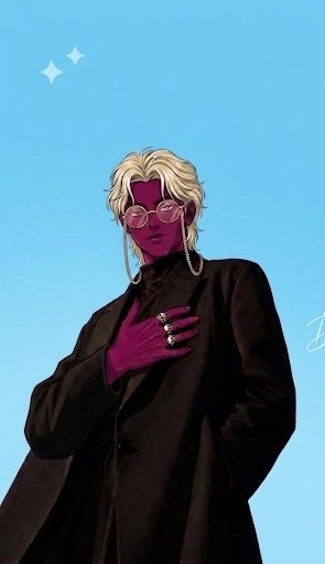 A digital illustration depicts a stylized character with purple skin, blonde hair, round glasses, and a black high-necked top against a blue background.