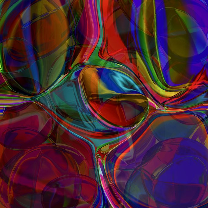 An abstract, colorful digital artwork featuring distorted, bubble-like shapes in vibrant hues of red, blue, green, and yellow.