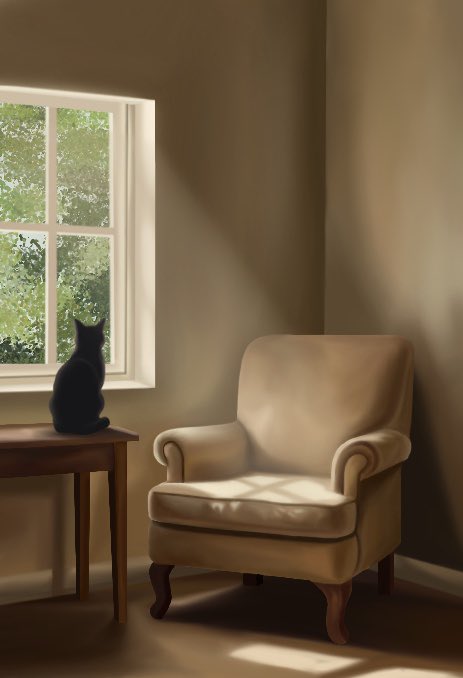 A peaceful interior scene featuring a beige armchair next to a wooden side table where a black cat sits silhouetted against a bright window showing green foliage outside.