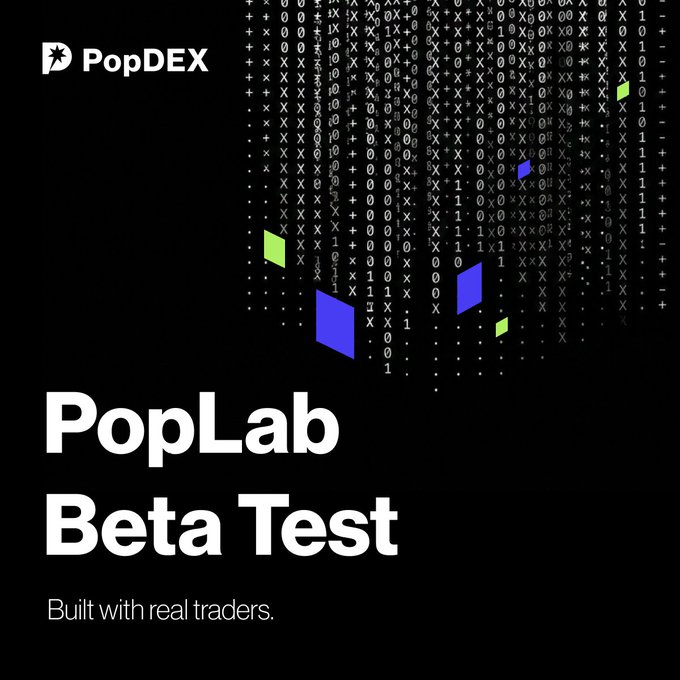 A promotional graphic for 'PopDEX' advertising a 'PopLab Beta Test' built with real traders, featuring a black background with white binary code and blue/green geometric shapes.