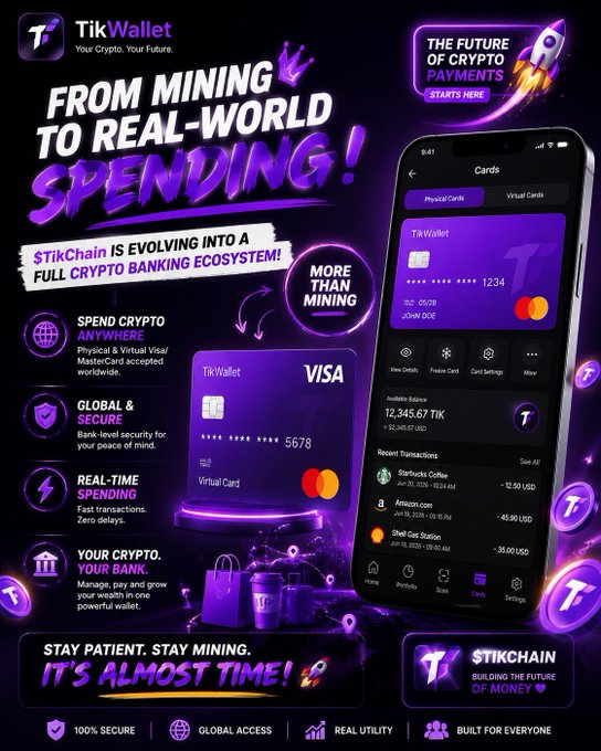 A promotional graphic for TikWallet by $TikChain, featuring a smartphone displaying the app's card interface (showing a 12,345.67 TIK balance and recent transactions from Starbucks, Amazon, and Shell Gas) alongside a purple Visa card, with the tagline "From Mining to Real-World Spending!" highlighting the transition from mining rewards to a full crypto banking ecosystem.