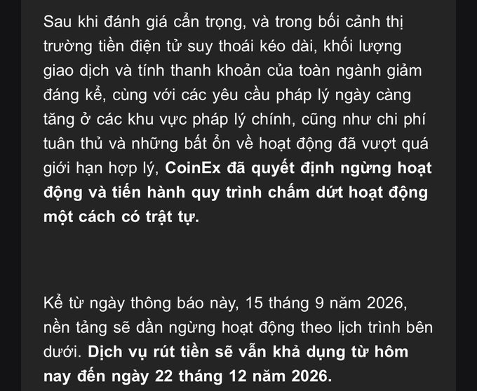 A Vietnamese text announcement from CoinEx declaring their decision to cease operations in an orderly manner, effective September 15, 2026.