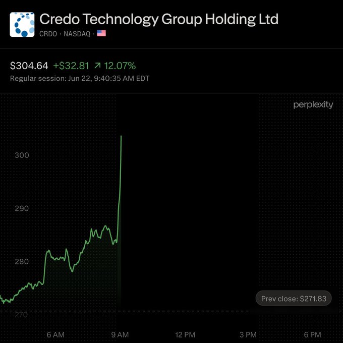 The image shows a stock chart with a green line indicating a rise in value, which is displayed against a black background. The text "CRDO +12%" suggests that this information might be related to the company Credo Technology Group Holding Ltd., as indicated by the caption provided.