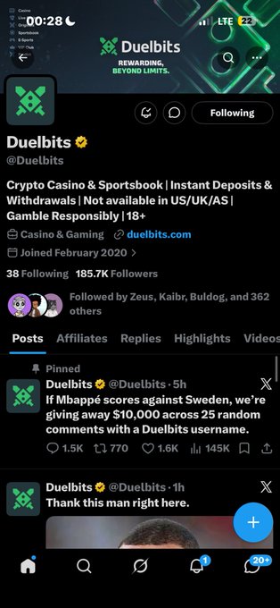 A Twitter/X profile page for Duelbits (@Duelbits), a Crypto Casino & Sportsbook, showing 185.7K Followers and a pinned tweet offering a giveaway if Mbappé scores against Sweden.