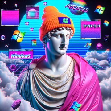 A digital artwork featuring a classical Greek-style marble bust wearing an orange beanie with a Windows logo, draped in a pink cloth, set against a retro vaporwave aesthetic with Windows logos and clouds.