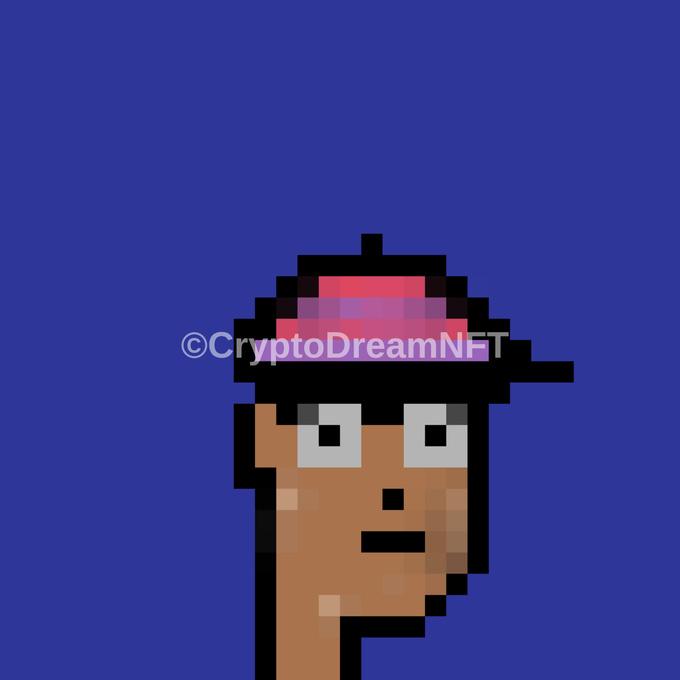 A pixel art image of a CryptoPunk-style character with a black hat and brown skin on a blue background, watermarked '©CryptoDreamNFT'.