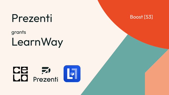 A presentation slide titled 'Prezenti grants LearnWay' with 'Boost [S3]' in the top right corner and logos for CELC, Prezenti, and Microsoft Office displayed at the bottom against a geometric background.