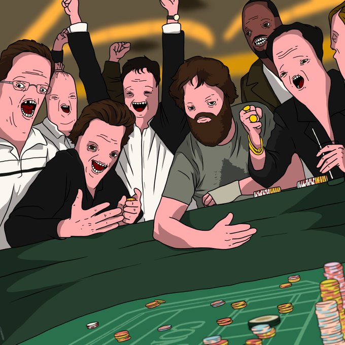An illustrated cartoon scene depicting a chaotic craps/ gambling table, featuring various caricatured characters cheering and celebrating around stacks of casino chips on a green felt table.