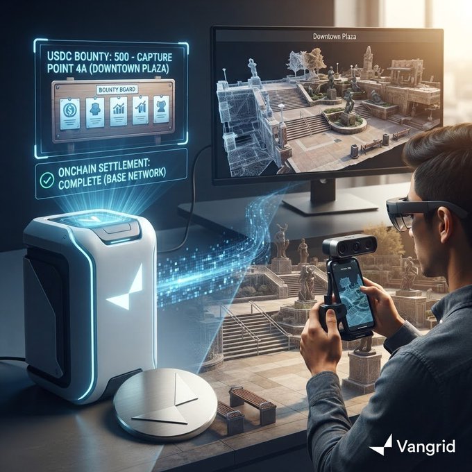 A promotional image for 'Vangrid' shows a person using a smartphone and smart glasses to scan a plaza displayed on screen, alongside a device labeled 'USDC BOUNTY: 500 - CAPTURE POINT 4A (DOWNTOWN PLAZA)' and 'ONCHAIN SETTLEMENT: COMPLETE (BASE NETWORK)'.