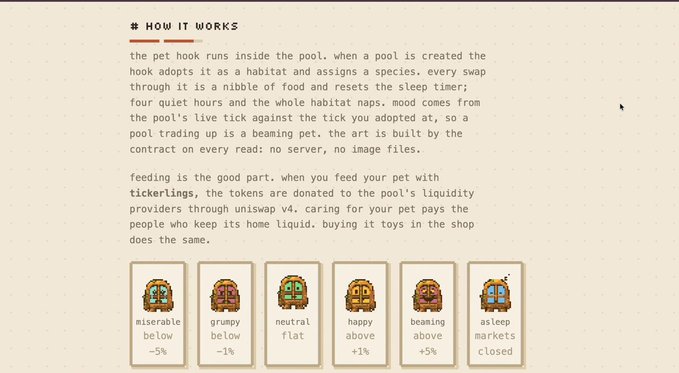 An infographic explaining how a pet hook works, showing text about liquidity providers and Uniswap v4, along with illustrations of pet faces displaying mood states like "miserable below -5%", "grumpy below -1%", "neutral flat", "happy above +1%", "beaming above +5%", and "asleep markets closed".