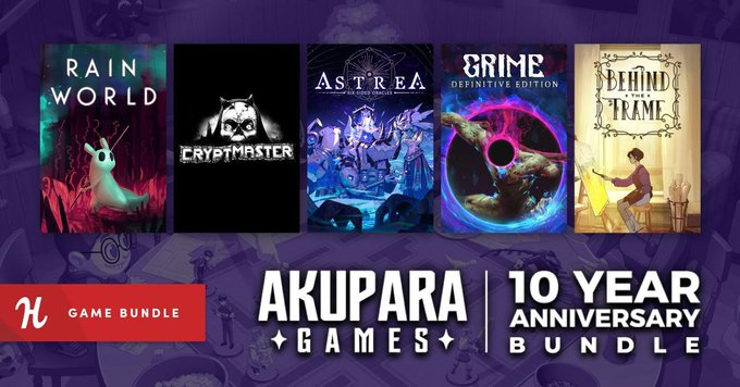 A promotional graphic for the Akupara Games 10 Year Anniversary Bundle features five game cover artworks (Rain World, Cryptmaster, Astrea: Six-Sided Oracles, Grime, and Behind the Frame) alongside text reading "AKUPARA GAMES" and "10 YEAR ANNIVERSARY BUNDLE" with a Humble Bundle logo.