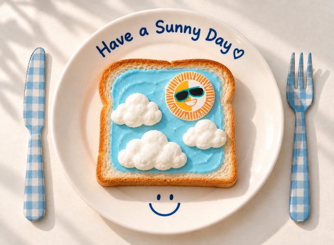 A whimsical plate of toast decorated with white cream clouds on blue frosting, featuring a smiling sun wearing sunglasses, with the text 'Have a Sunny Day ♡' written on the plate and a blue gingham knife and fork beside it.